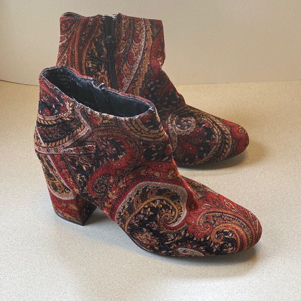 Velvet Paisley Ankle Boots - Red and Black